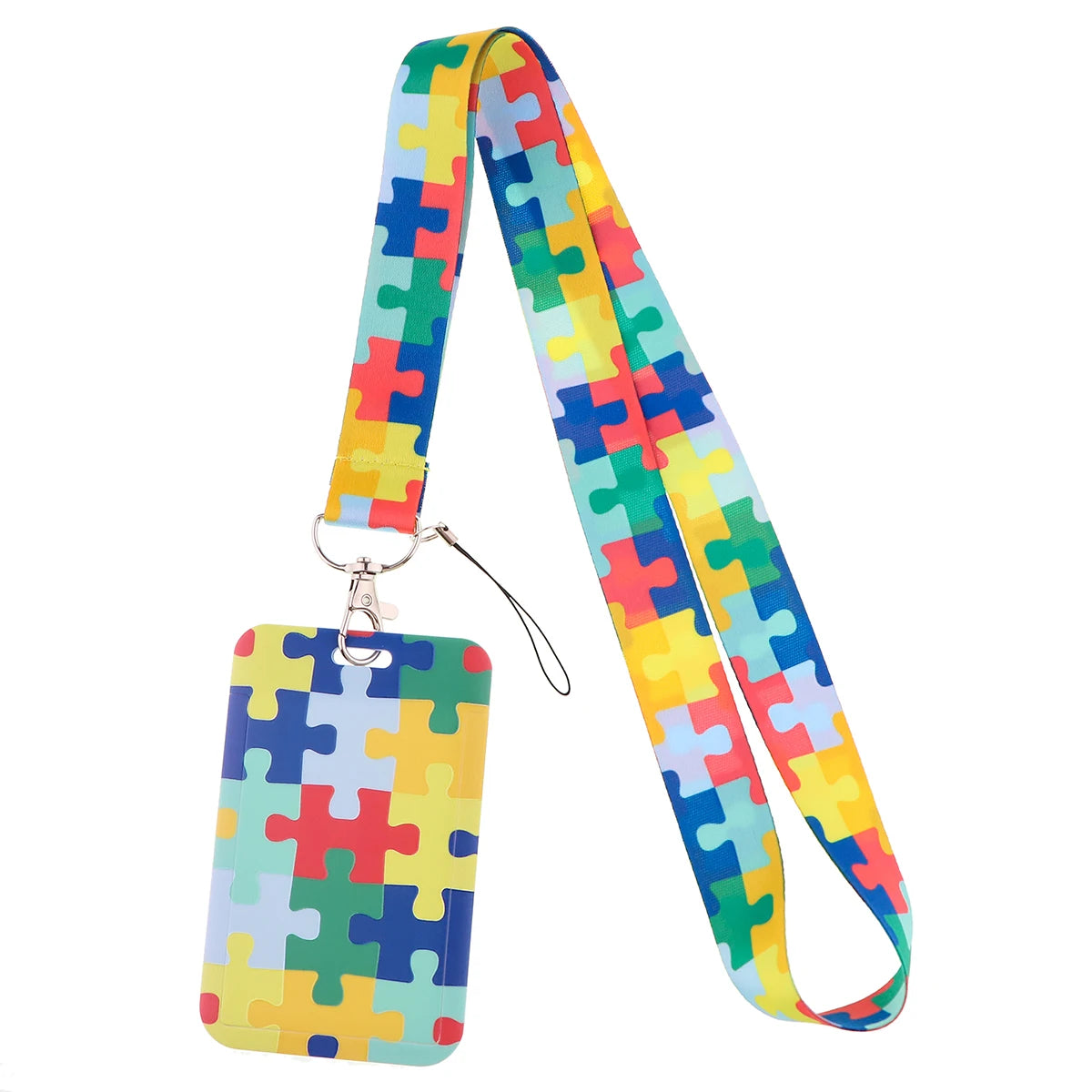Rainbow puzzle piece lanyard with a colorful ID badge holder