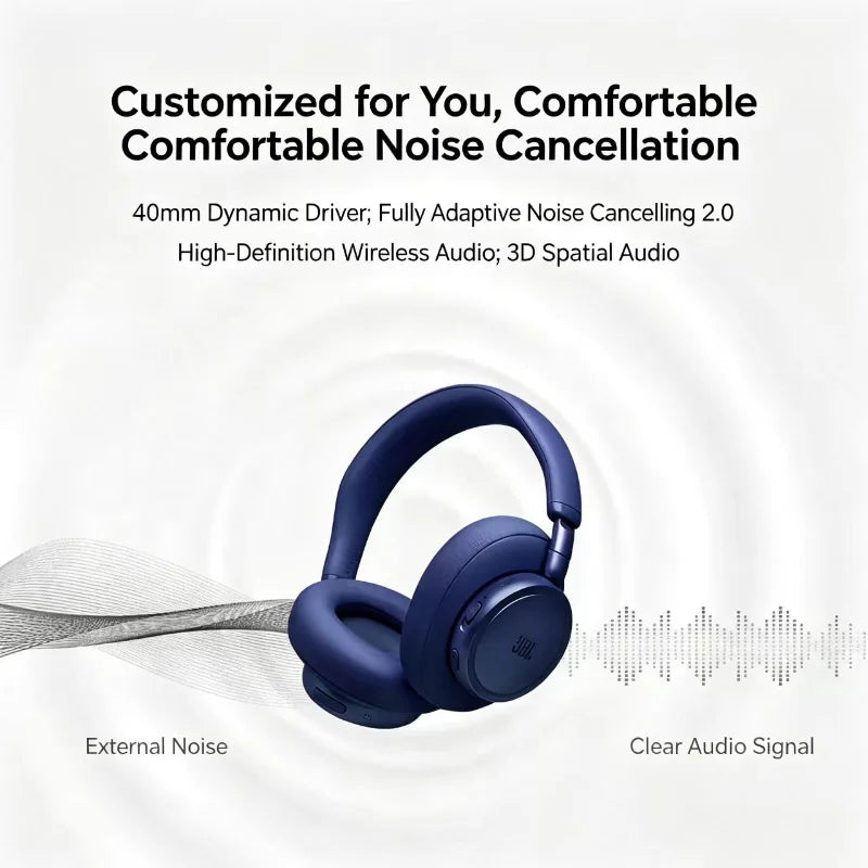 Blue JBL headphones demonstrating noise cancellation with an external noise source and a clear audio signal.