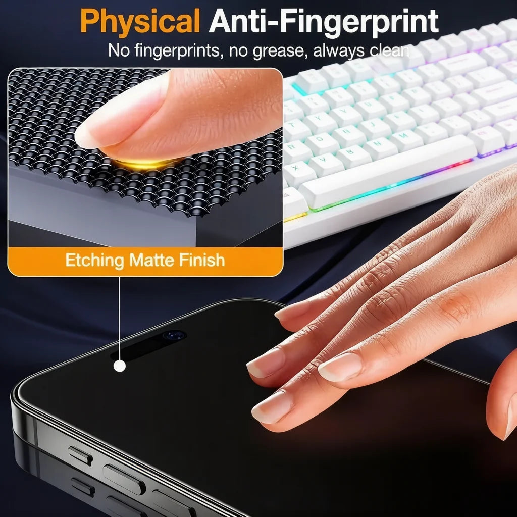 A close-up of a matte ceramic privacy screen protector being applied to an iPhone, demonstrating its anti-fingerprint finish.