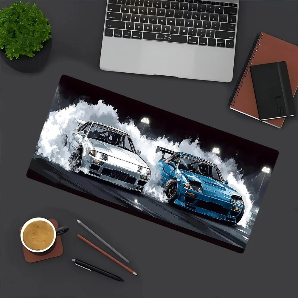 A large gaming mouse pad featuring a dynamic design of a white and blue JDM car racing through smoke.