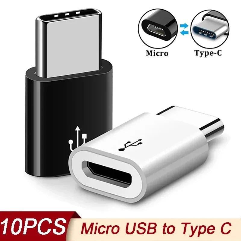 A black and silver adapter showing a Micro USB to Type-C cable conversion with diagrams.