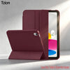 A maroon trifold smart cover for an iPad is shown open, displaying the device and a separate tablet form.