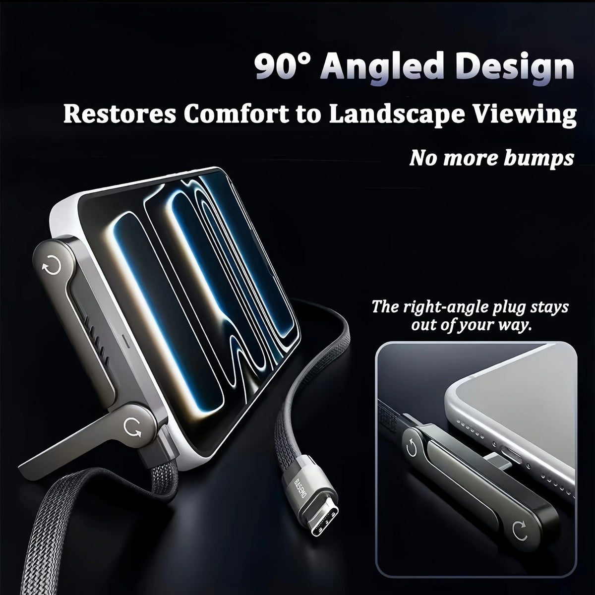 A foldable fast charging cable with an integrated phone stand is shown, demonstrating a 90-degree angled design for landscape