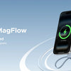 UGREEN MagFlow 25W magnetic power bank and iPhone with a clear case on a light blue background