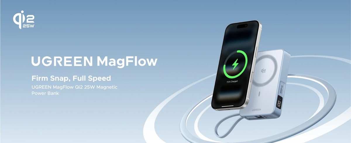 UGREEN MagFlow 25W magnetic power bank and iPhone with a clear case on a light blue background