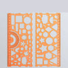 An orange multi-shape geometric drawing template ruler set with various shapes and a scale.