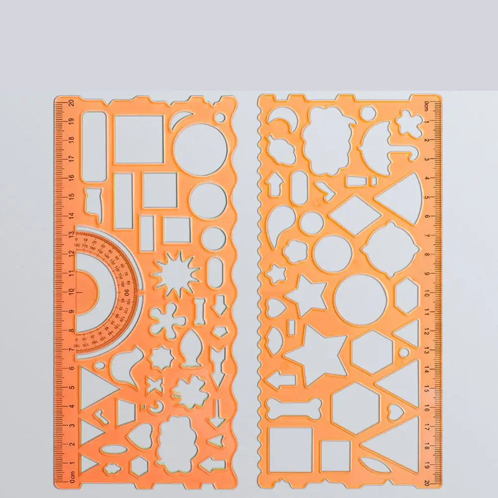 An orange multi-shape geometric drawing template ruler set with various shapes and a scale.