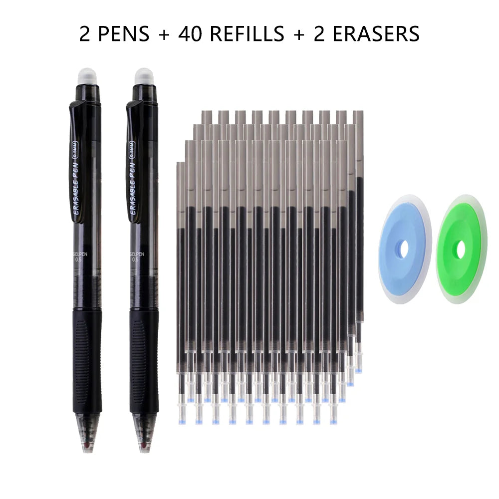 A set of two pens, forty refills, and two erasers for writing tools.