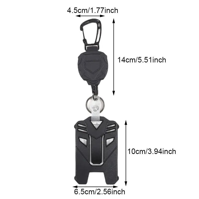 Black tactical ID badge holder keychain with a loop and a clip.