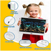 A young girl holds an interactive LCD writing tablet with various accessories like a stylus, nub, lock key, erase button, and