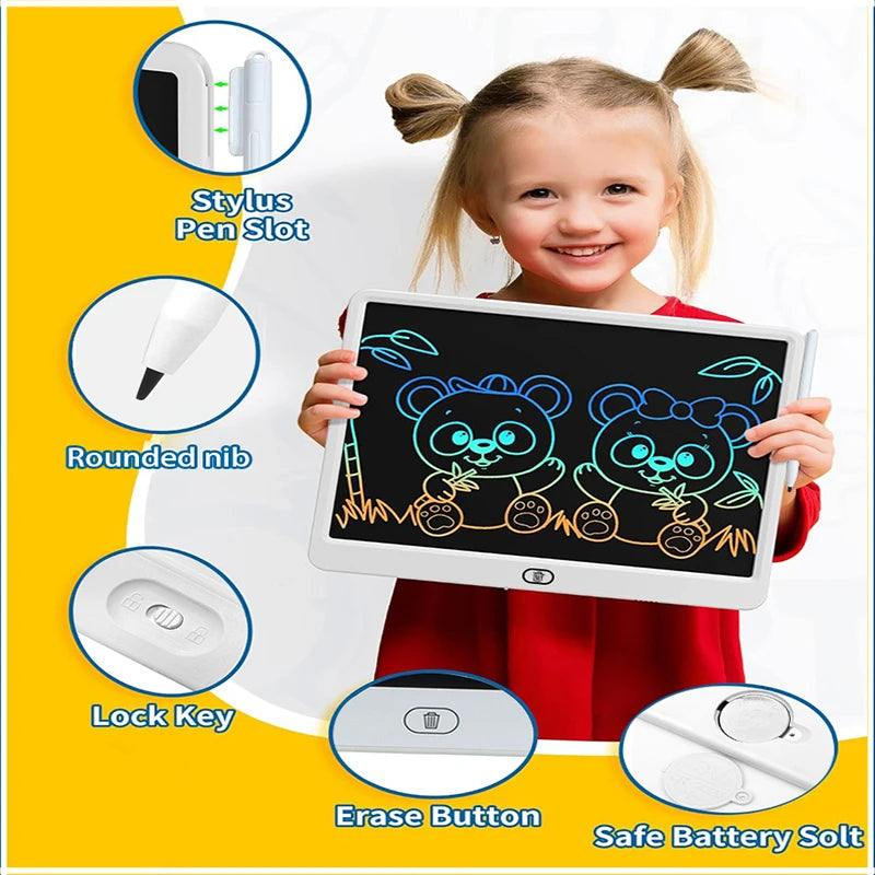 A young girl holds an interactive LCD writing tablet with various accessories like a stylus, nub, lock key, erase button, and