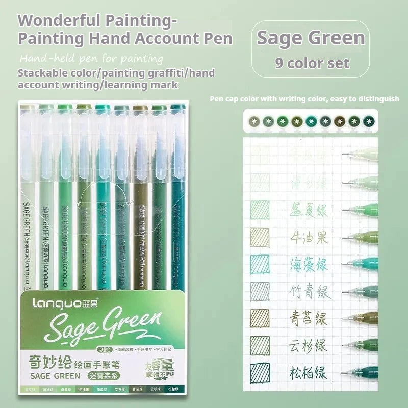 Sage Green 9 color set of Wonderfull Painting Hand Account Pens for art and writing