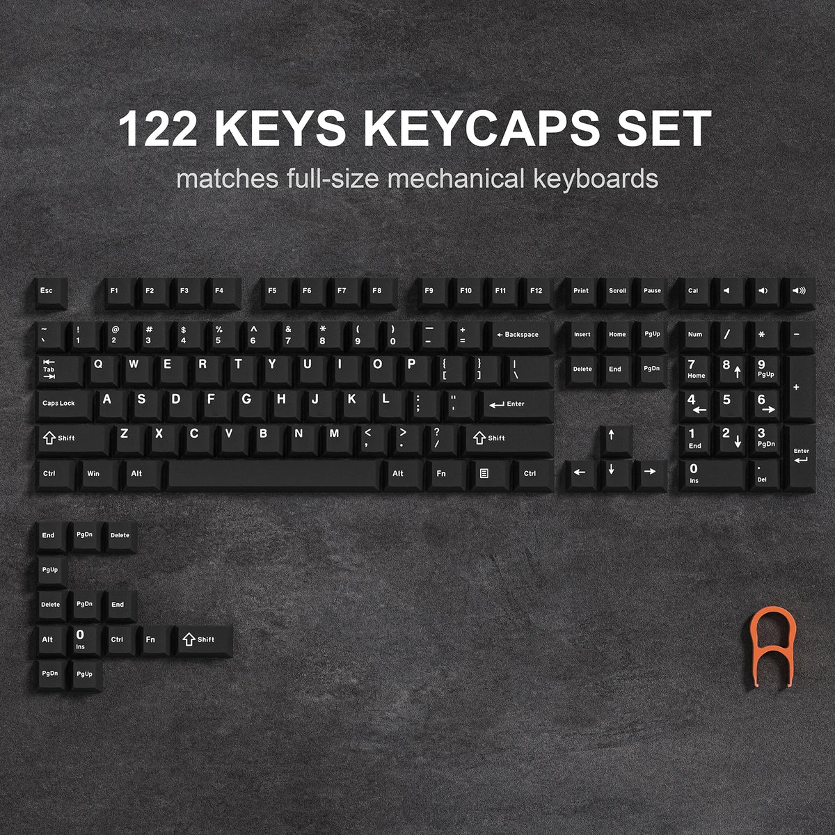 A set of 122 keys keycaps for full-size mechanical keyboards displayed on a dark gray surface.