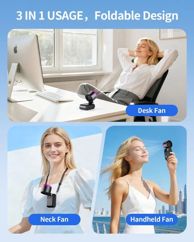 Three portable fans shown: a desk fan, a neck fan, and a handheld fan.