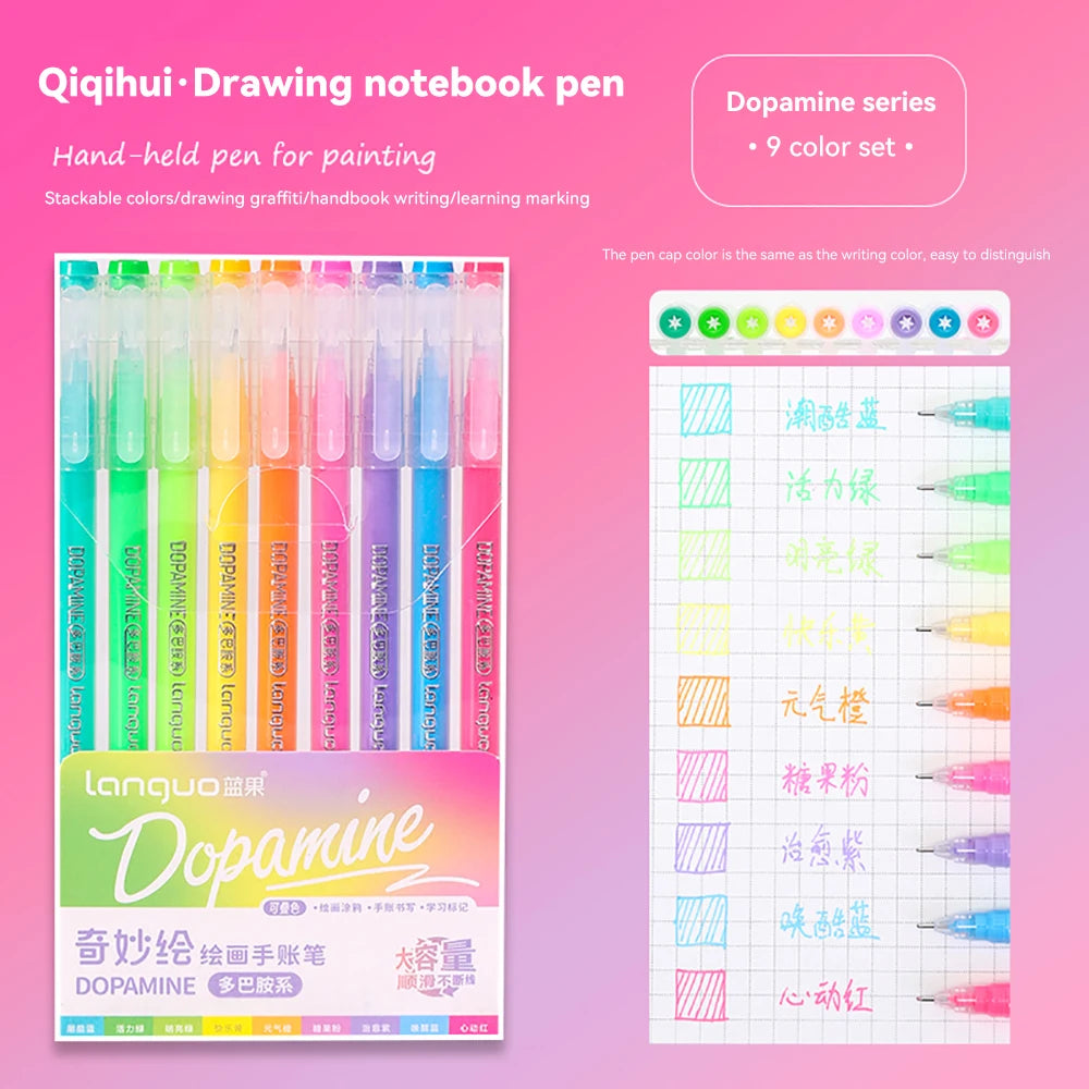 A set of nine colorful hand-held drawing and painting pens in various shades displayed in a box.