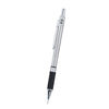 Silver metal mechanical pencil with black grip and a sharp lead tip
