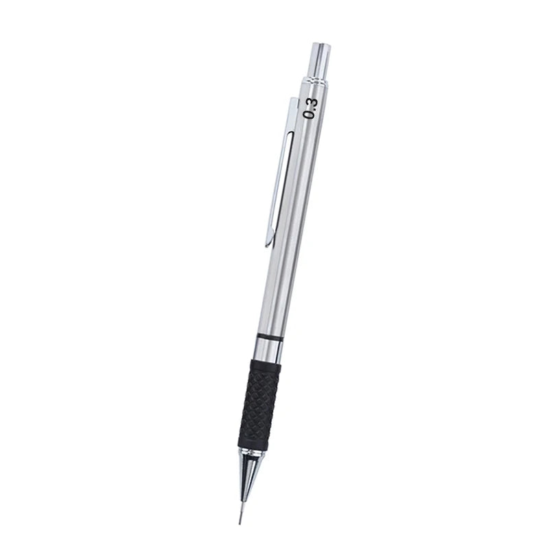 Silver metal mechanical pencil with black grip and a sharp lead tip