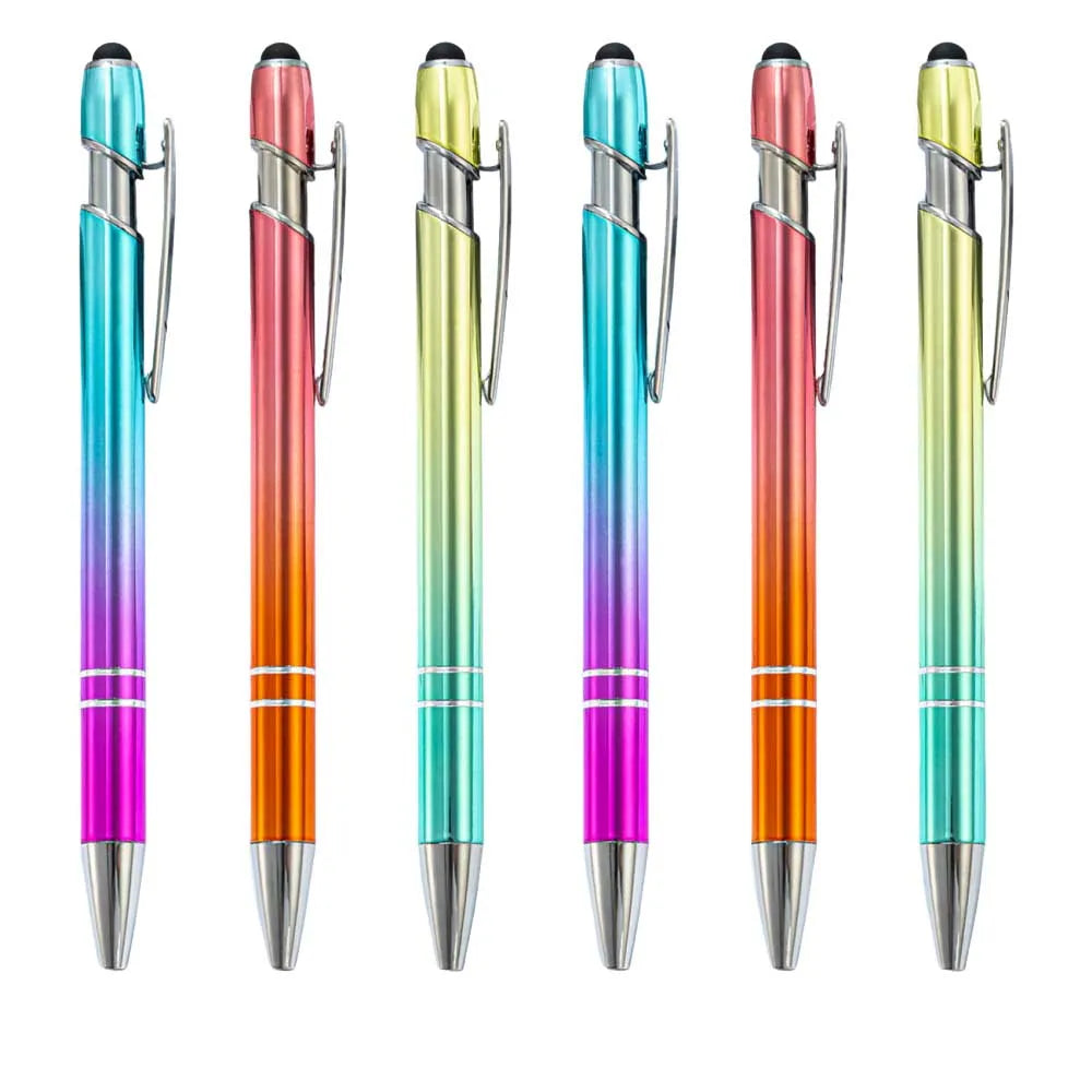 A row of seven metal stylus pens in various iridescent colors, including teal, purple, orange, and green.