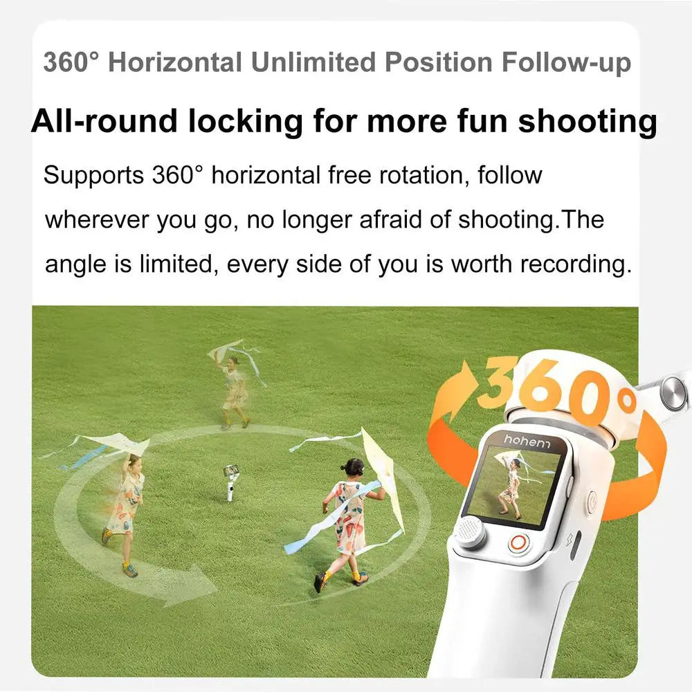 A white 360 degree gimbal stabilizer is shown with a person filming in a grassy outdoor setting.