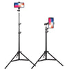 A black adjustable phone tripod with a smartphone mounted on top, used for video and selfie filming.