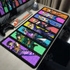 An anime-inspired XXL gaming mouse pad featuring colorful characters and vibrant designs on a black base.