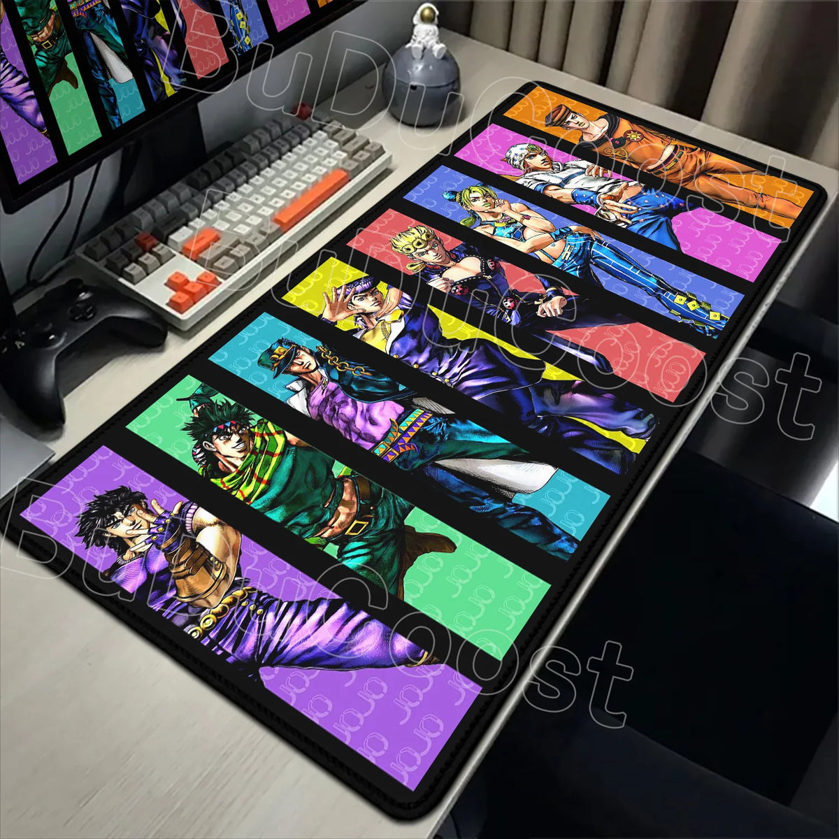 An anime-inspired XXL gaming mouse pad featuring colorful characters and vibrant designs on a black base.