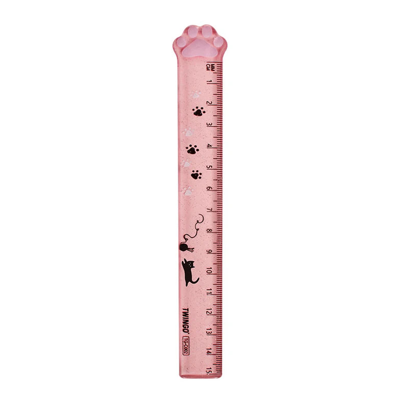 Pink plastic measuring tool shaped like a cat paw, used as a straight ruler for measuring up to 15 cm.