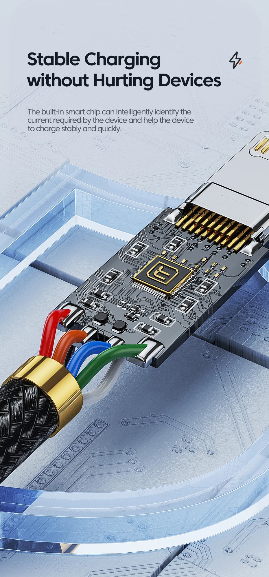 A close-up view of a charging cable connected to a device, illustrating stable charging technology.