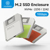 A white M.2 SSD enclosure is shown with various colored heatsinks, highlighting NVMe SSDs for laptop expansion.