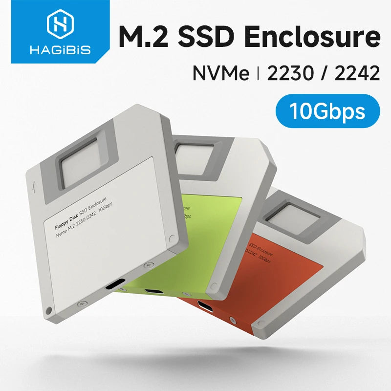 A white M.2 SSD enclosure is shown with various colored heatsinks, highlighting NVMe SSDs for laptop expansion.