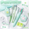 A set of cute cartoon school stationery including a pen, pencil, and eraser on a white background.