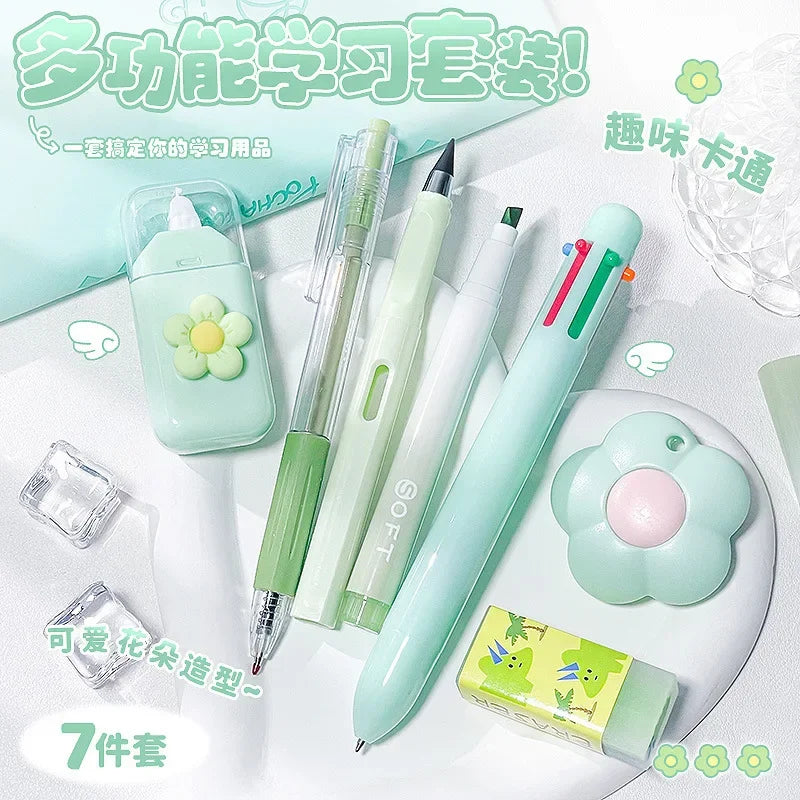 A set of cute cartoon school stationery including a pen, pencil, and eraser on a white background.