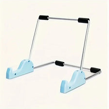 A light blue foldable aluminum stand designed to hold a tablet or laptop.
