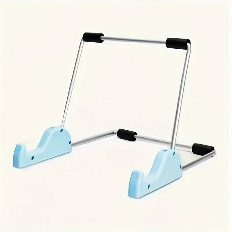 A light blue foldable aluminum stand designed to hold a tablet or laptop.