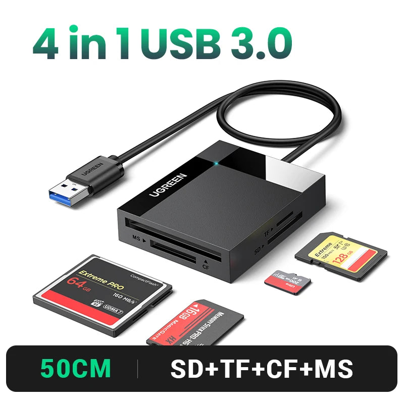 Adaptador UGREEN 4 en 1 USB 3.0 negro con cables y múltiples lectores de tarjetas (SD, TF, CF, MS).