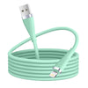 A teal fast charging USB cable coiled on a circular base with a connector for an iPhone or iPad.