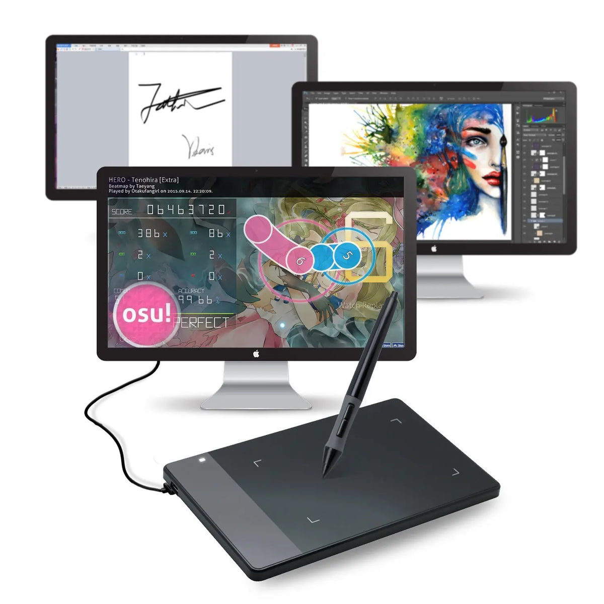 A professional graphic digital drawing tablet with a stylus and multiple monitors is shown on a desk.