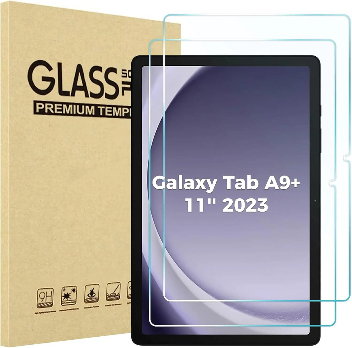 A box for a tempered glass screen protector for the Galaxy Tab A9+ tablet is shown next to the product.