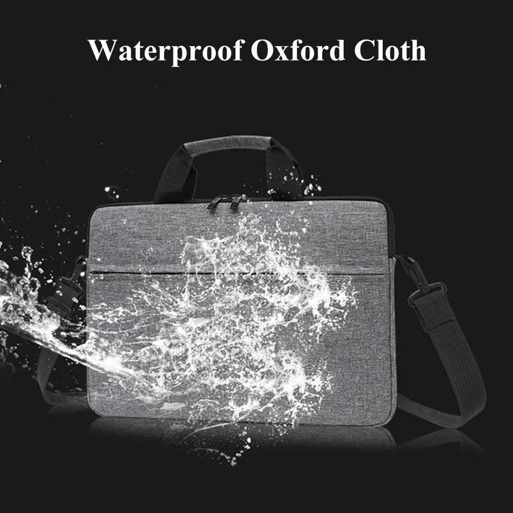 A waterproof Oxford cloth laptop and tablet messenger bag is shown with water splashing around it.
