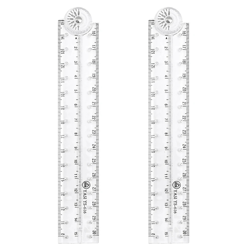 A set of foldable acrylic geometry rulers with millimeter markings shown side by side.