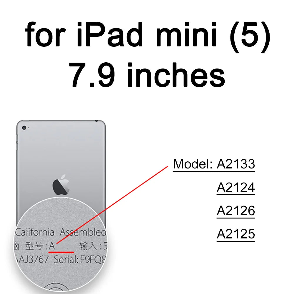 A close-up view of an iPad mini (5) screen showing the model number A2133 and related identifiers.