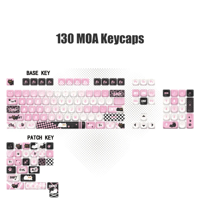 A collection of 130 MOA keycaps featuring various designs including cat prints and other themes for mechanical keyboards.
