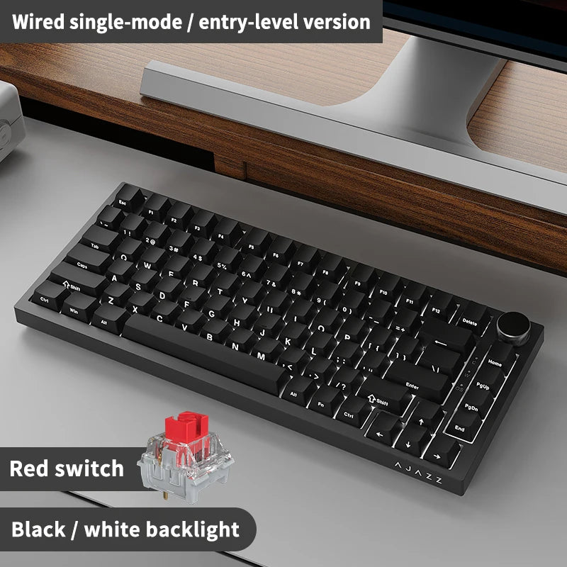 A black wired single-mode entry-level mechanical keyboard with a white backlight shown on a wooden desk.