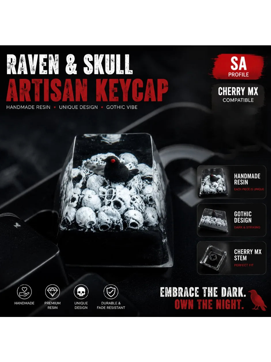 Gothic Raven & Skull Artisan keycap in cherry mx resin shown on a keyboard.