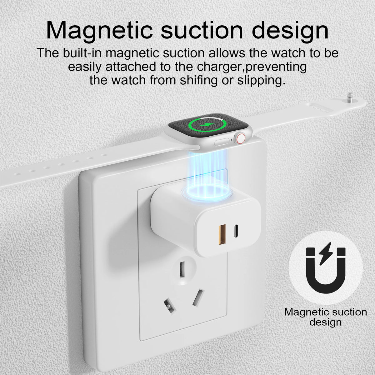Chargeur mural blanc avec système magnétique pour fixer facilement une montre.