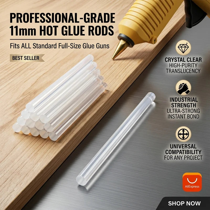 A set of professional-grade 11mm clear hot glue rods shown next to a glue gun and wood surface.