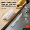 A set of professional-grade 11mm clear hot glue rods shown next to a glue gun and wood surface.