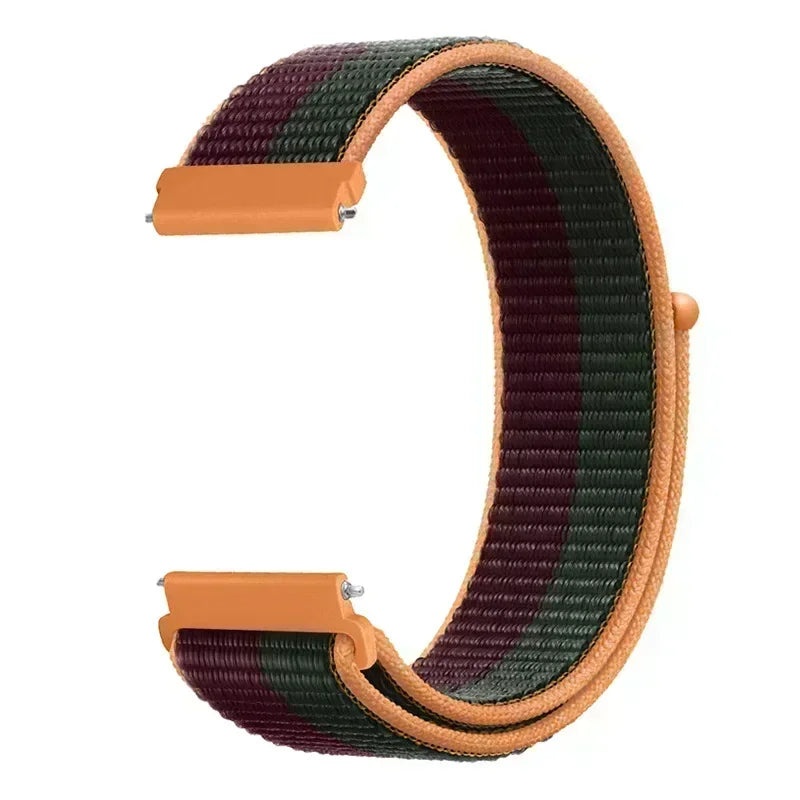 A close-up view of an orange nylon loop watch strap with dark green and purple stripes.