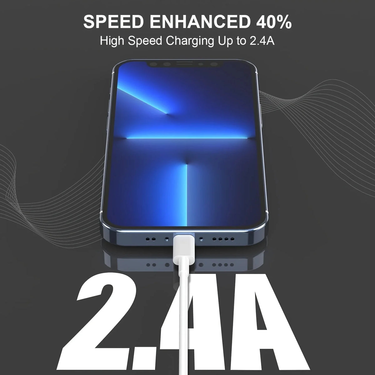 A close-up of a smartphone being charged via a USB-C cable, highlighting the charging process and 2.4A power output.