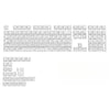 A collection of white mechanical keycaps, including various function and modifier keys, laid out for custom keyboards.